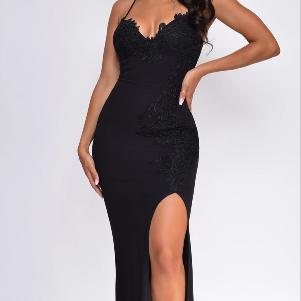Black lace high side slit gown